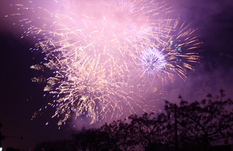 Imagen de un castillo nocturno de fuegos artificiales, en tonos rosa y morado